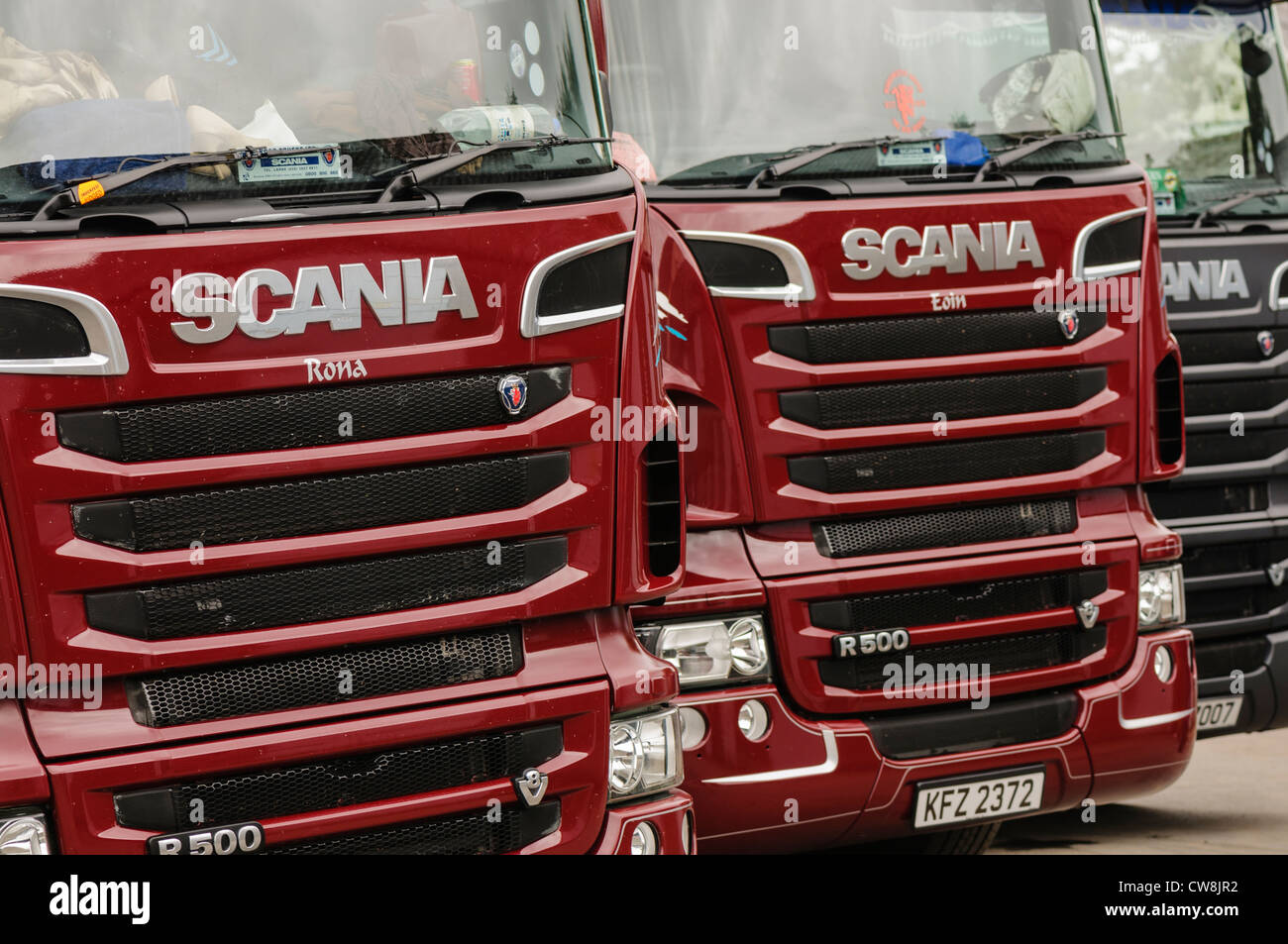 Row of Scania trucks/lorries Stock Photo