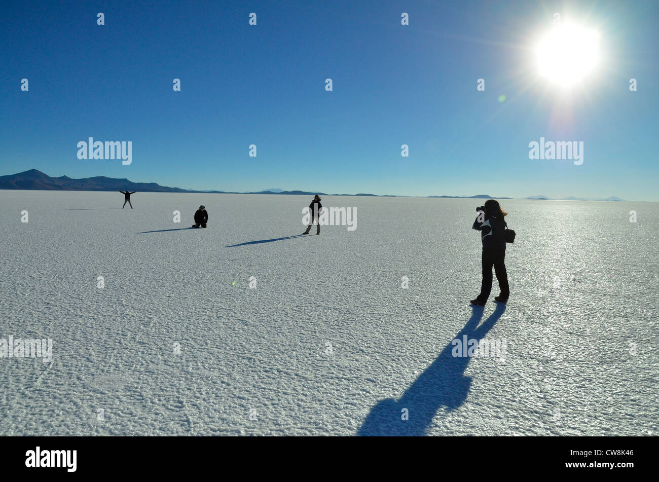 Uyuni Salaar, the biggest salt pan on earth. Andes Altiplano plateau of Bolivia. Altitude about 4000m. Stock Photo