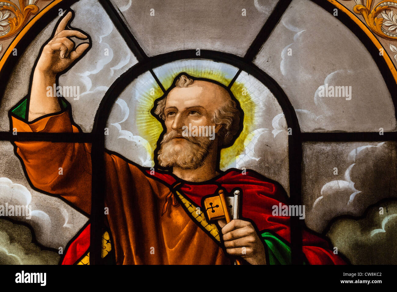 Stained glass window depicting Saint Peter holding key to heaven in ...