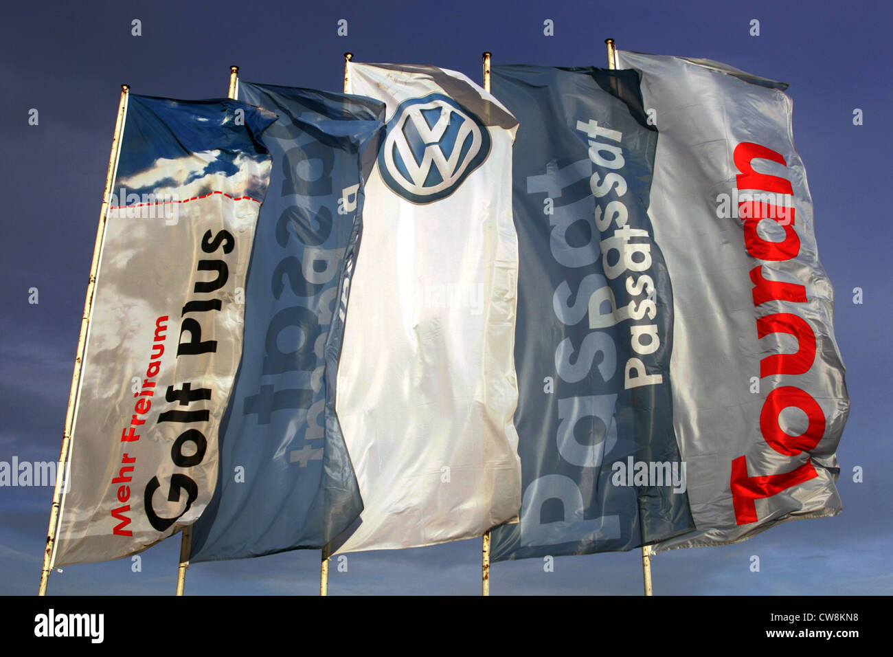 Dresden, waving flags of the car manufacturer VW Stock Photo