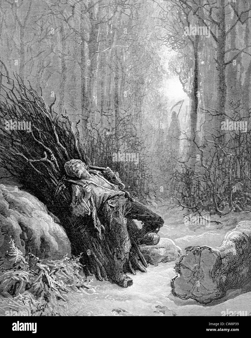 Death and the Woodcutter, La Fontaine's Fables, illustration by Gustave Doré Stock Photo