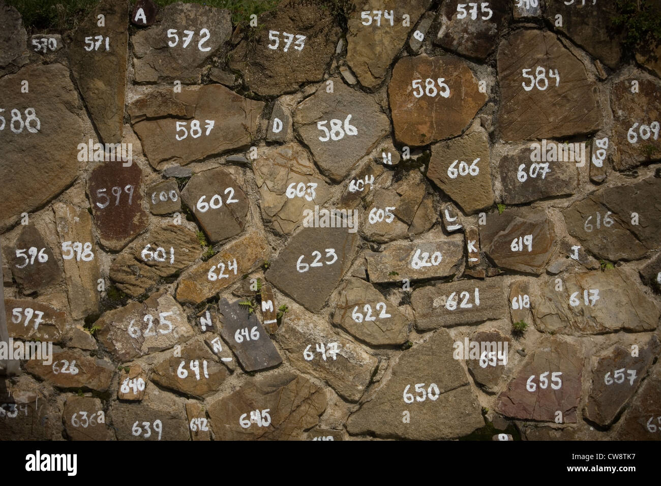 Stones numbered by archaeologists in the Zapotec city of Monte Alban, Oaxaca, Mexico, July 13, 2012. Stock Photo