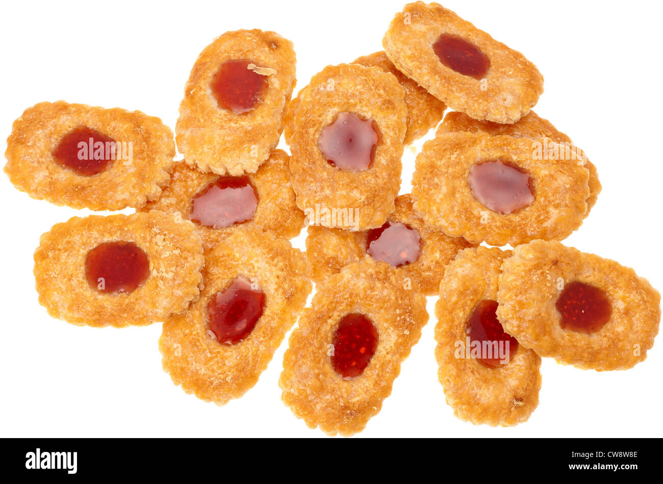 Sweet puff pastry cookie biscuits with a raspberry jam centre - studio shot with a white background Stock Photo