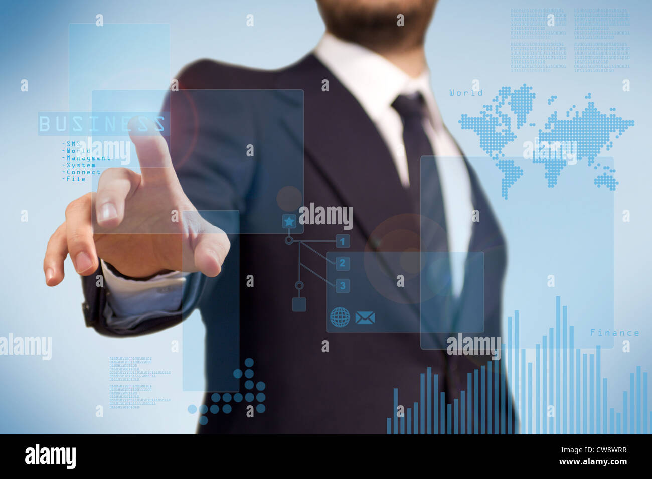 Digital technology for the business application, a business man using a touchscreen for finace purpuse, diagram and histogram Stock Photo