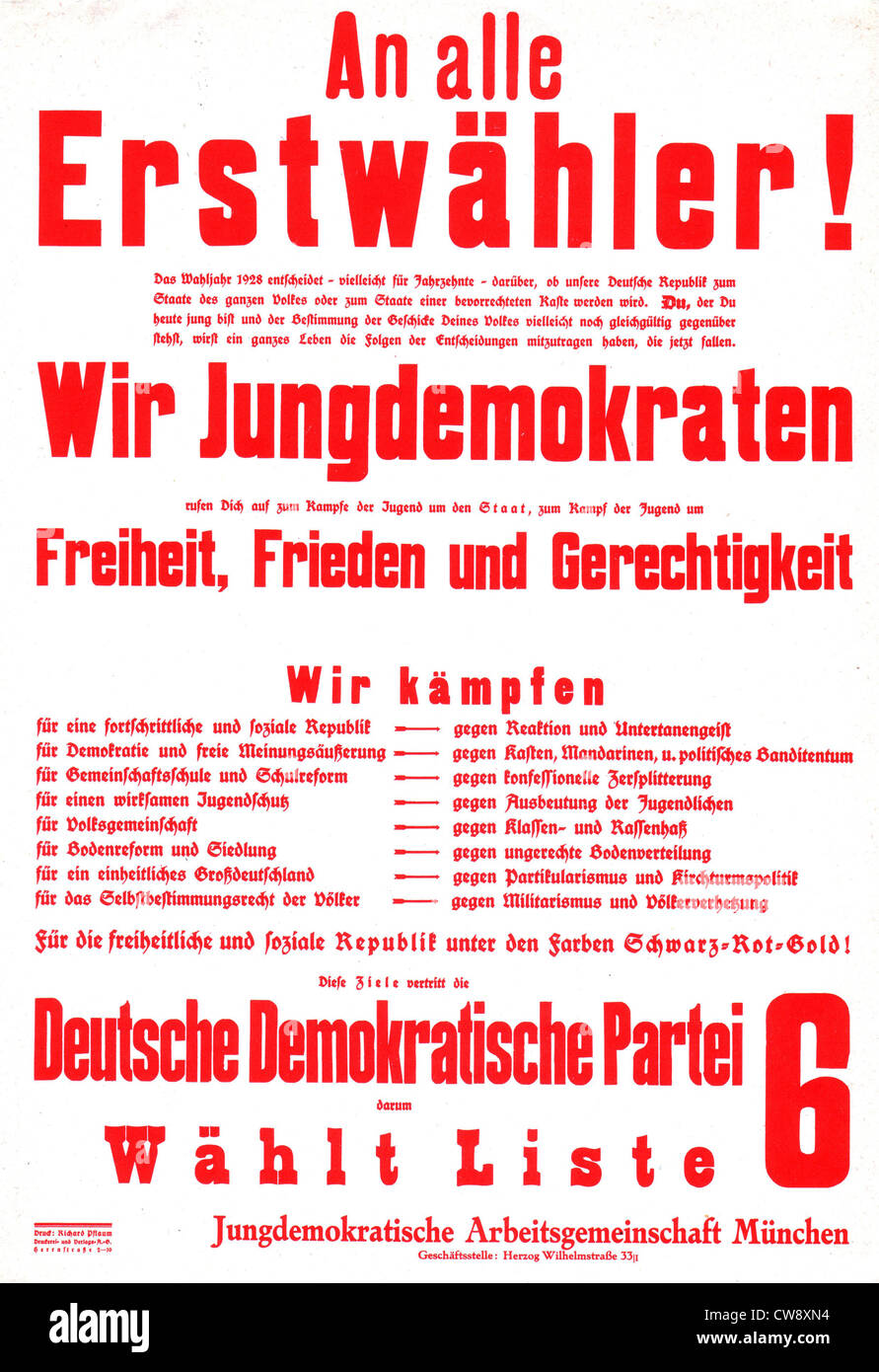 Electoral propaganda poster addressed to young people D.D.P. (German Democratic Party). Stock Photo