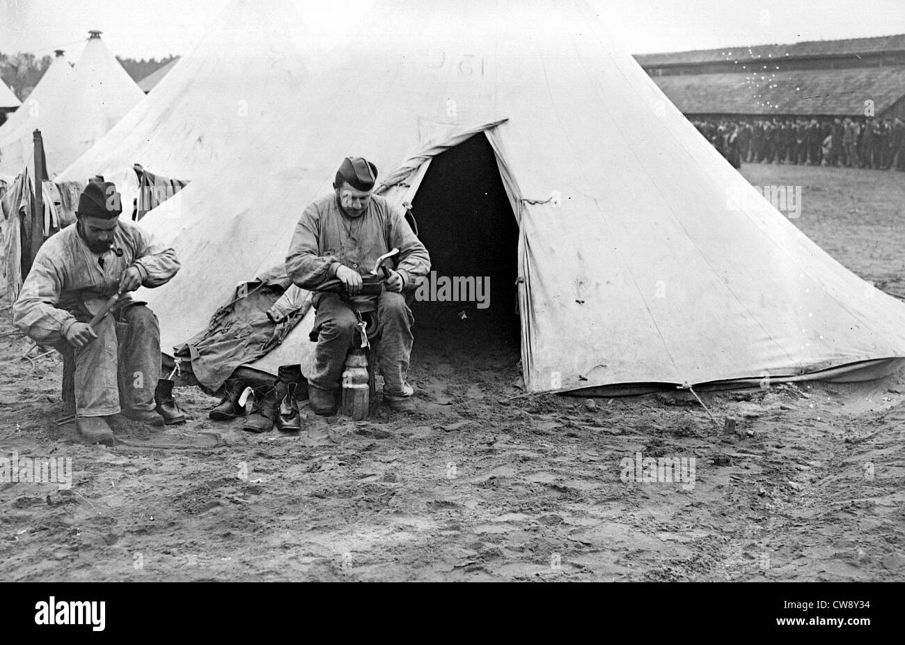 Belgian recruits at the Anvours camp. Shoemakers Stock Photo