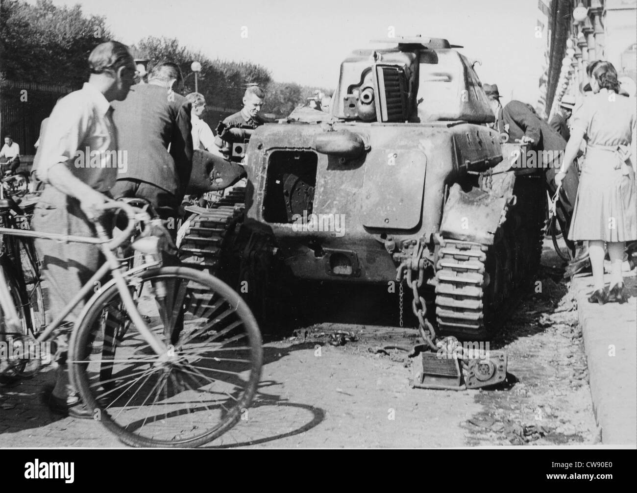 An armoured vehicule destroyed  in streets Paris during Liberation (August 1944) Stock Photo