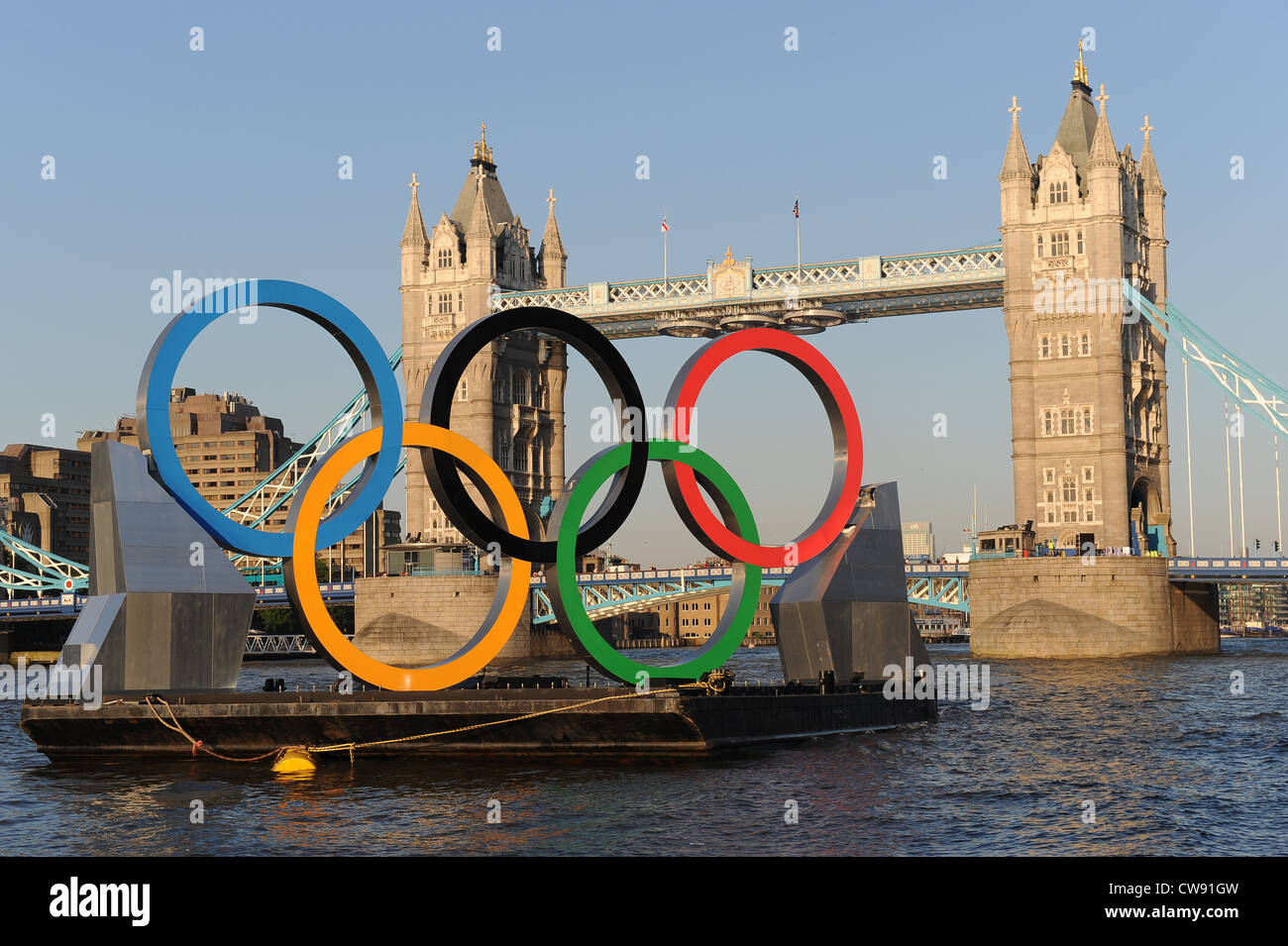 Olympic rings floating on a pontoon in the river thames , london Stock Photo