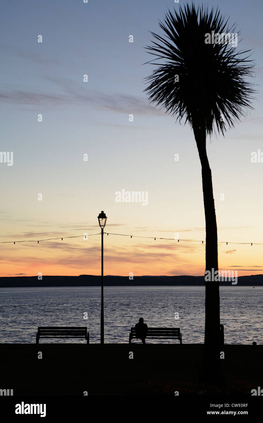 Sunset silhouette of a man sitting on a seaside bench beside a palm tree and lamppost, Largs promenade, Firth of Clyde, North Ayrshire, Scotland, UK Stock Photo