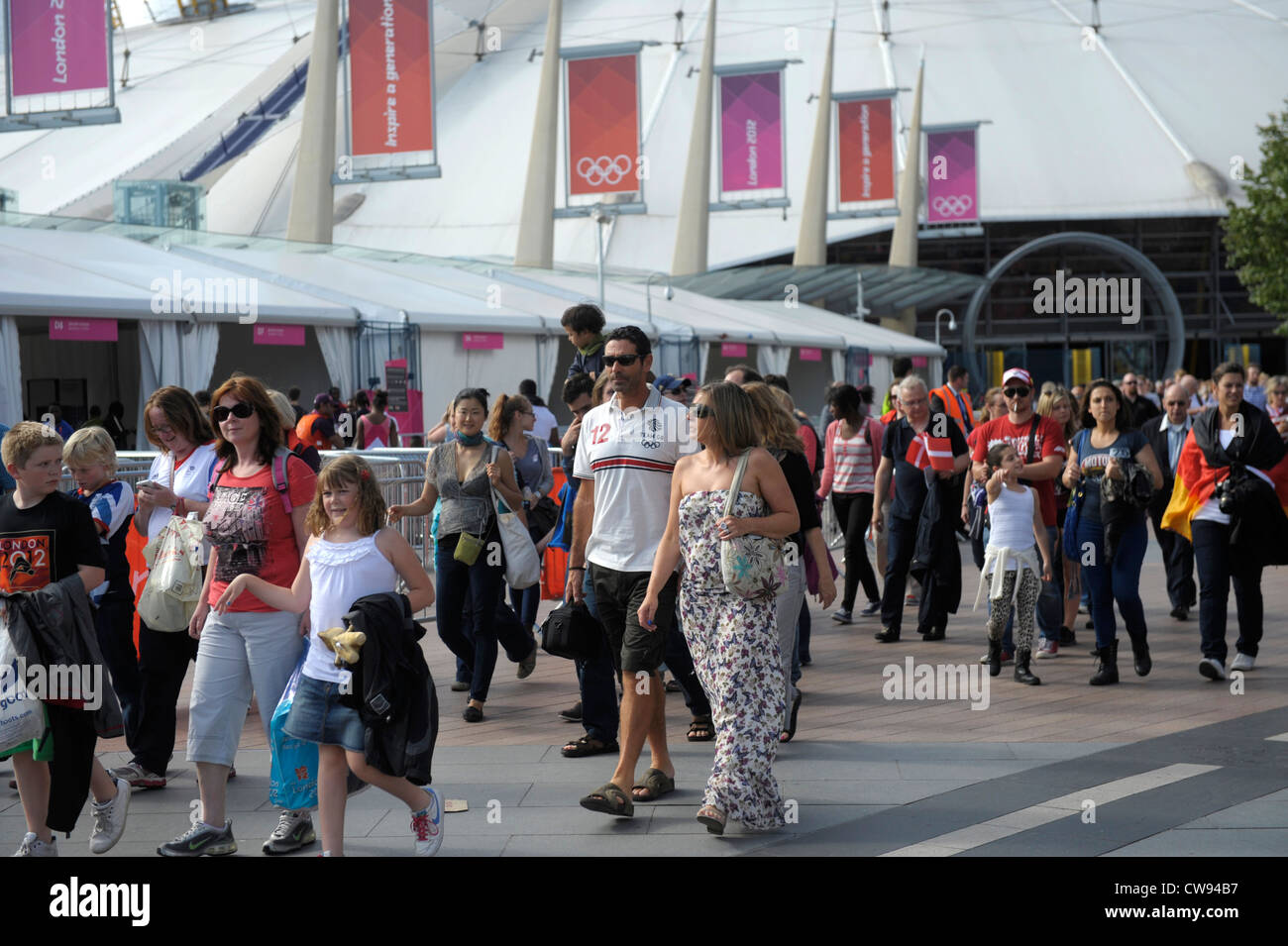 Fans leave the North Greenwich Arena after watching gymnastics during London 2012 Stock Photo