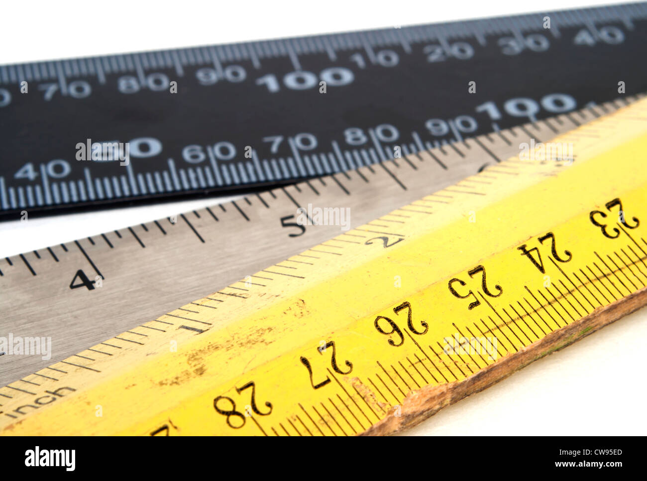 Three different measurement rulers isolated on white background. Stock Photo