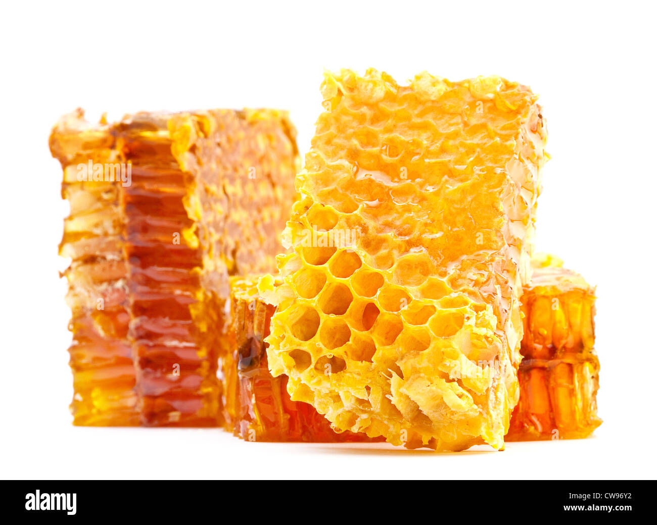 Yellow honeycomb slice closeup isolated Stock Photo