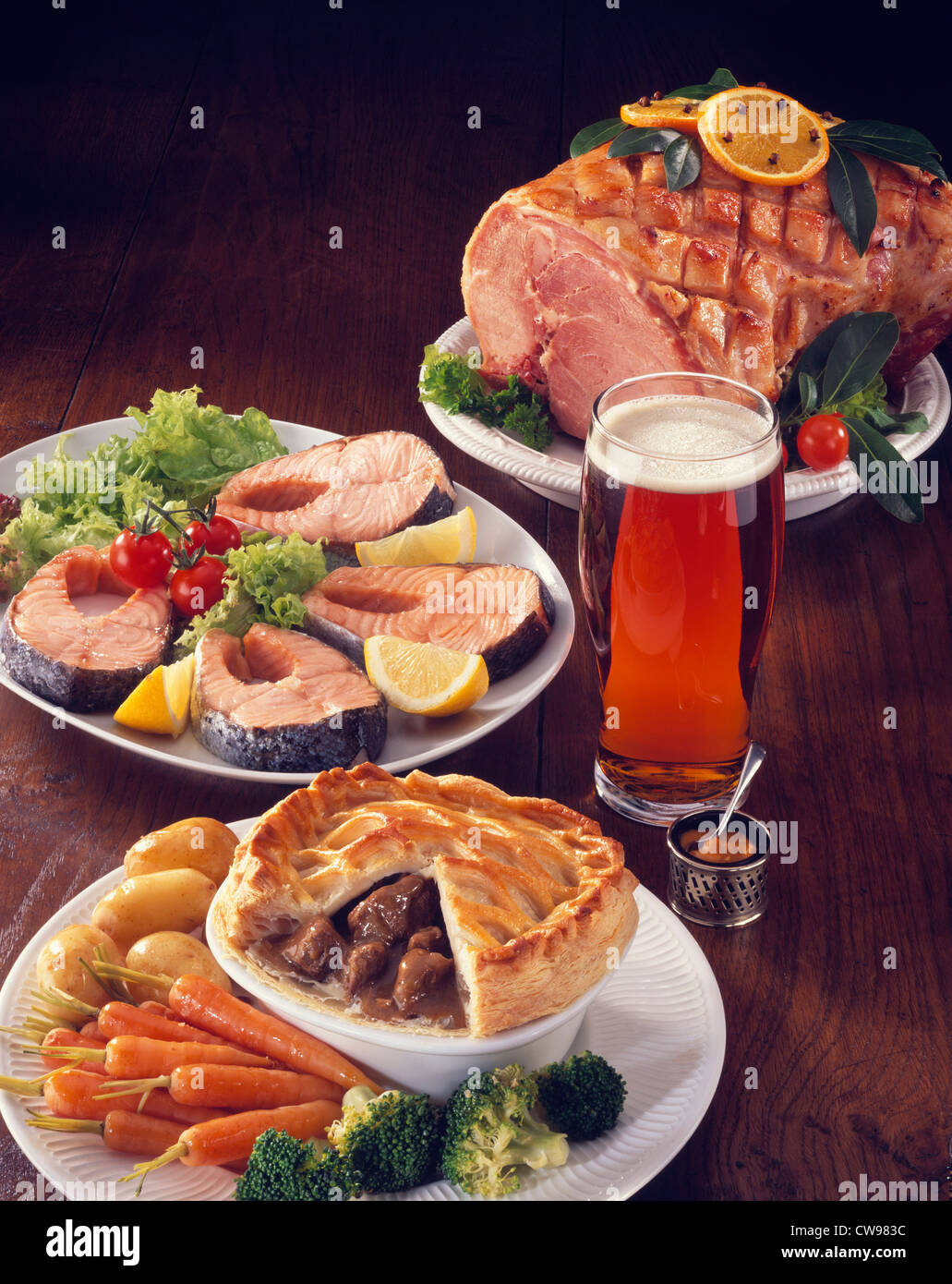 Roast gammon. Salmon steaks. Steak and Kidney pie with vegetables Stock