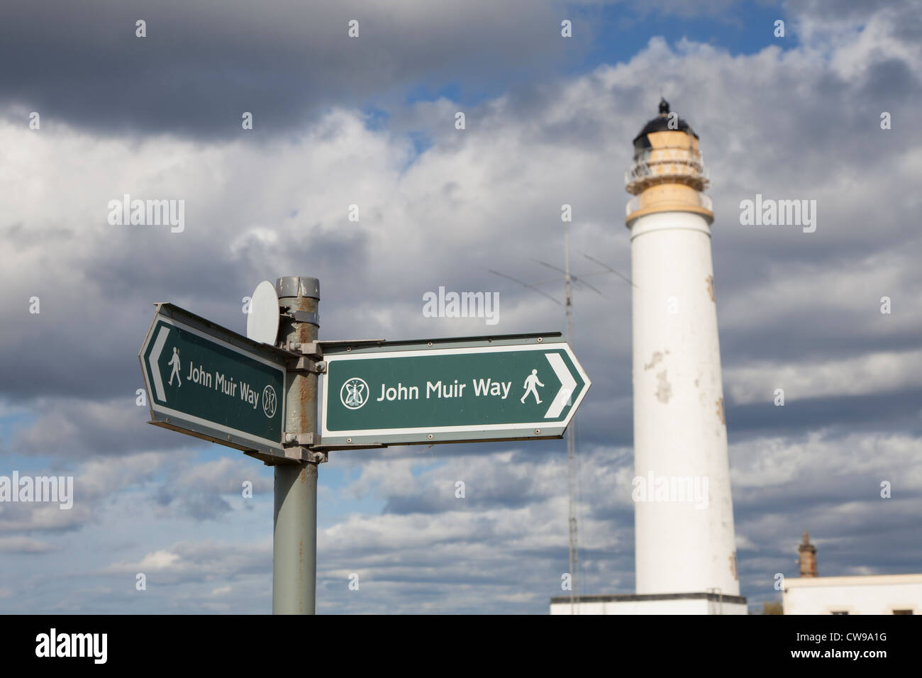 Signpost for the John Muir Way, at Barn's Ness lighthouse, near Dunbar, Lothian, Scotland Stock Photo