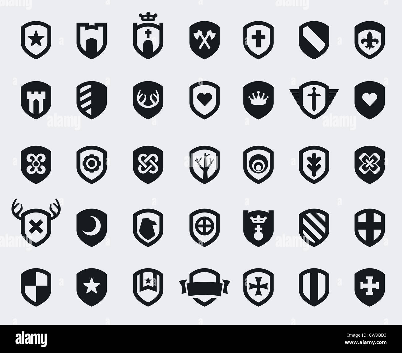 Set of 35 shield icons with various medieval and modern symbols Stock Photo