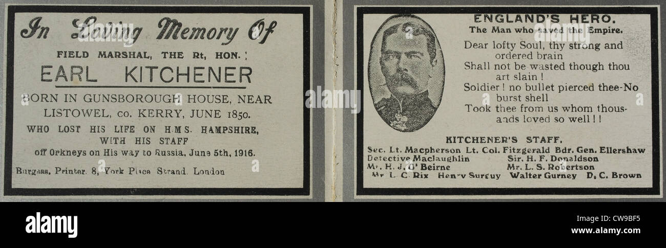 Funerary card, issued to general public, in memory of Earl Kitchener, who lost his life on HMS Hampshire, June 1916 Stock Photo