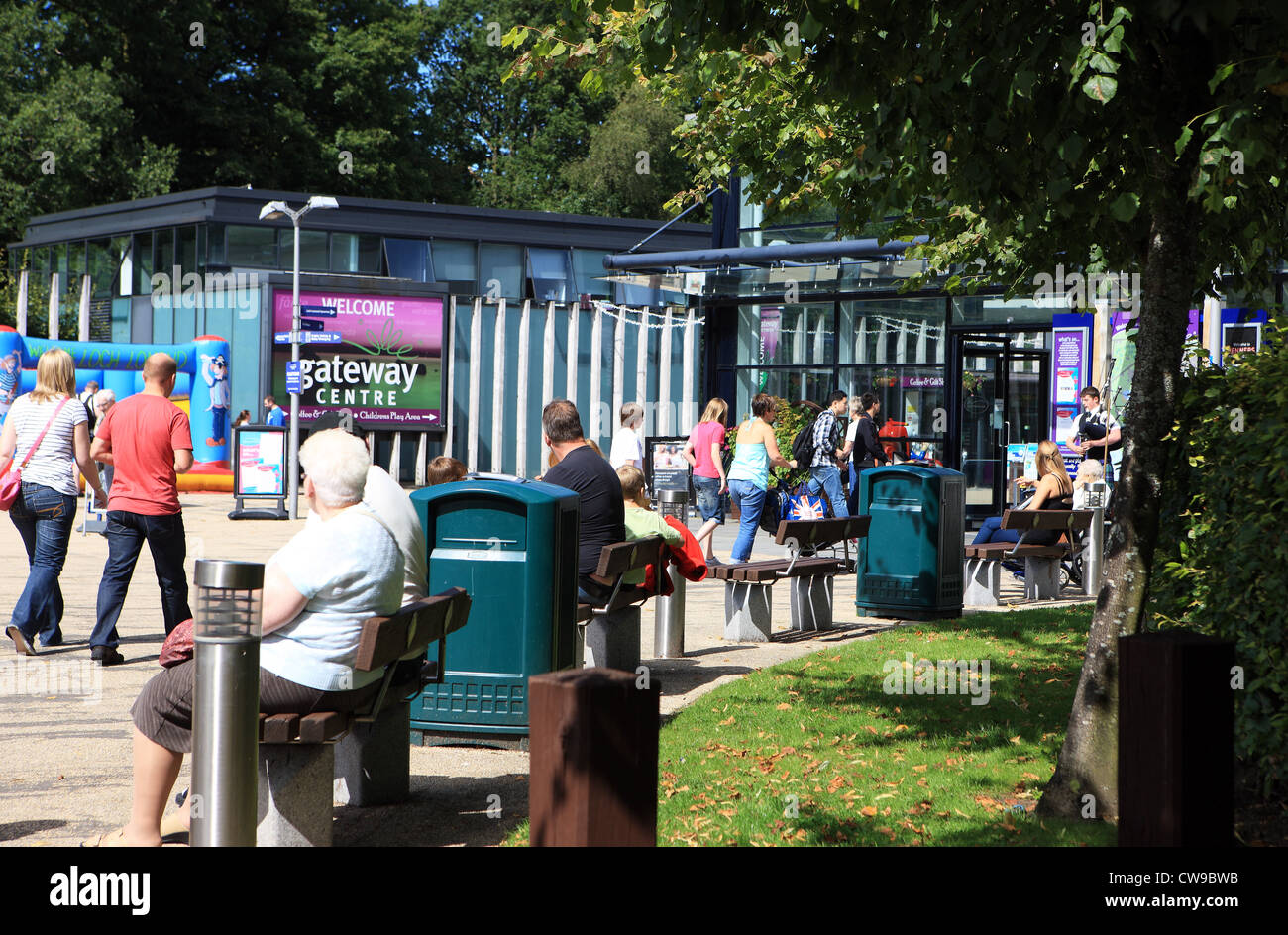 Visitors and tourists at the entrance of Loch Lomond Shores one of Scotland's visitor attractions Stock Photo