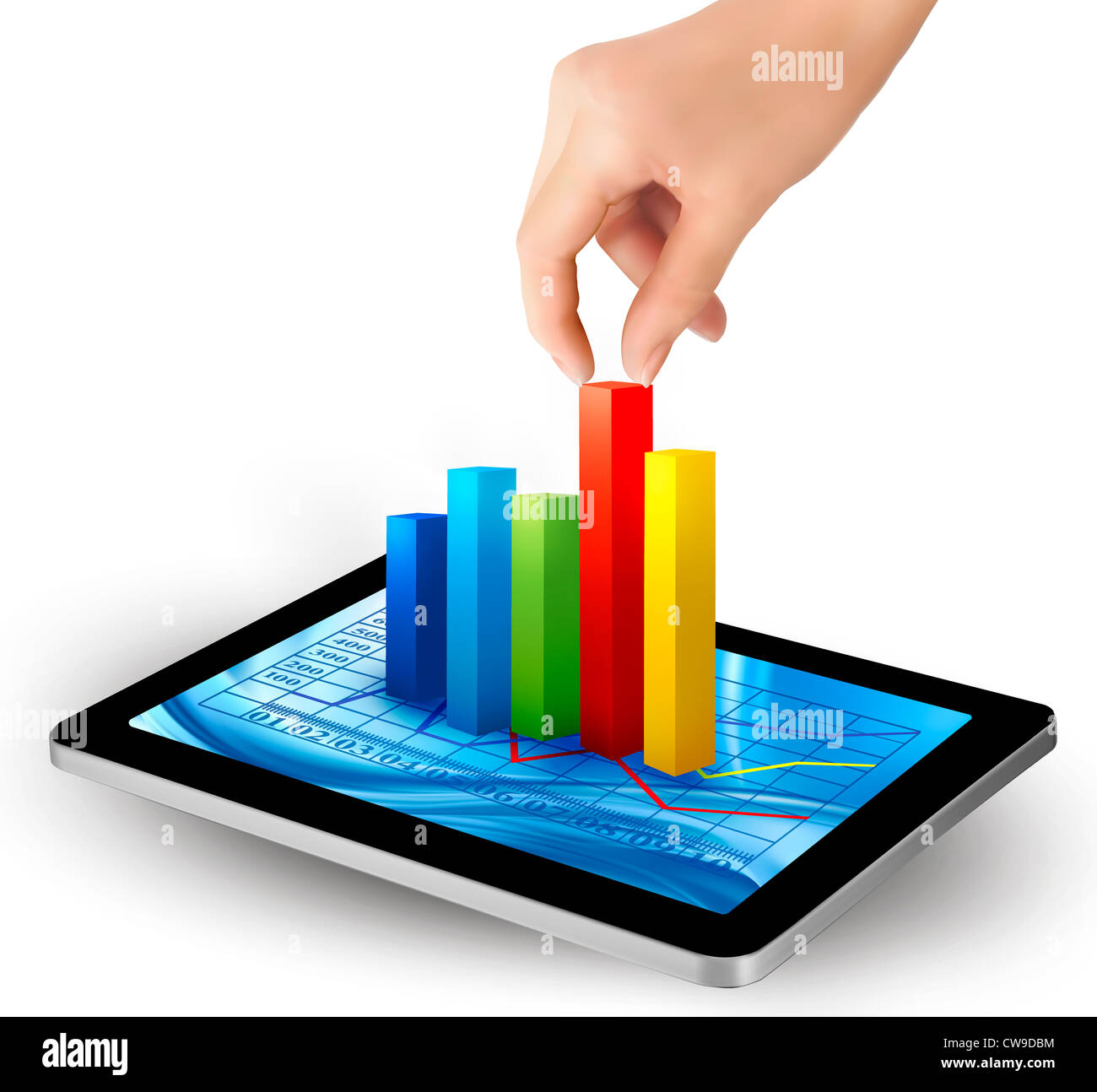 Tablet screen with graph and a hand Stock Photo - Alamy