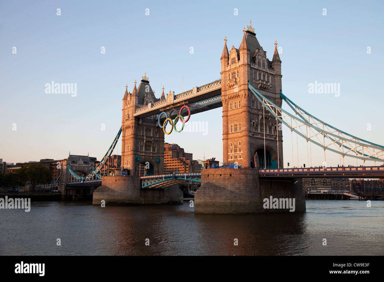 The Olympic Rings on Tower Bridge at dusk, London Stock Photo