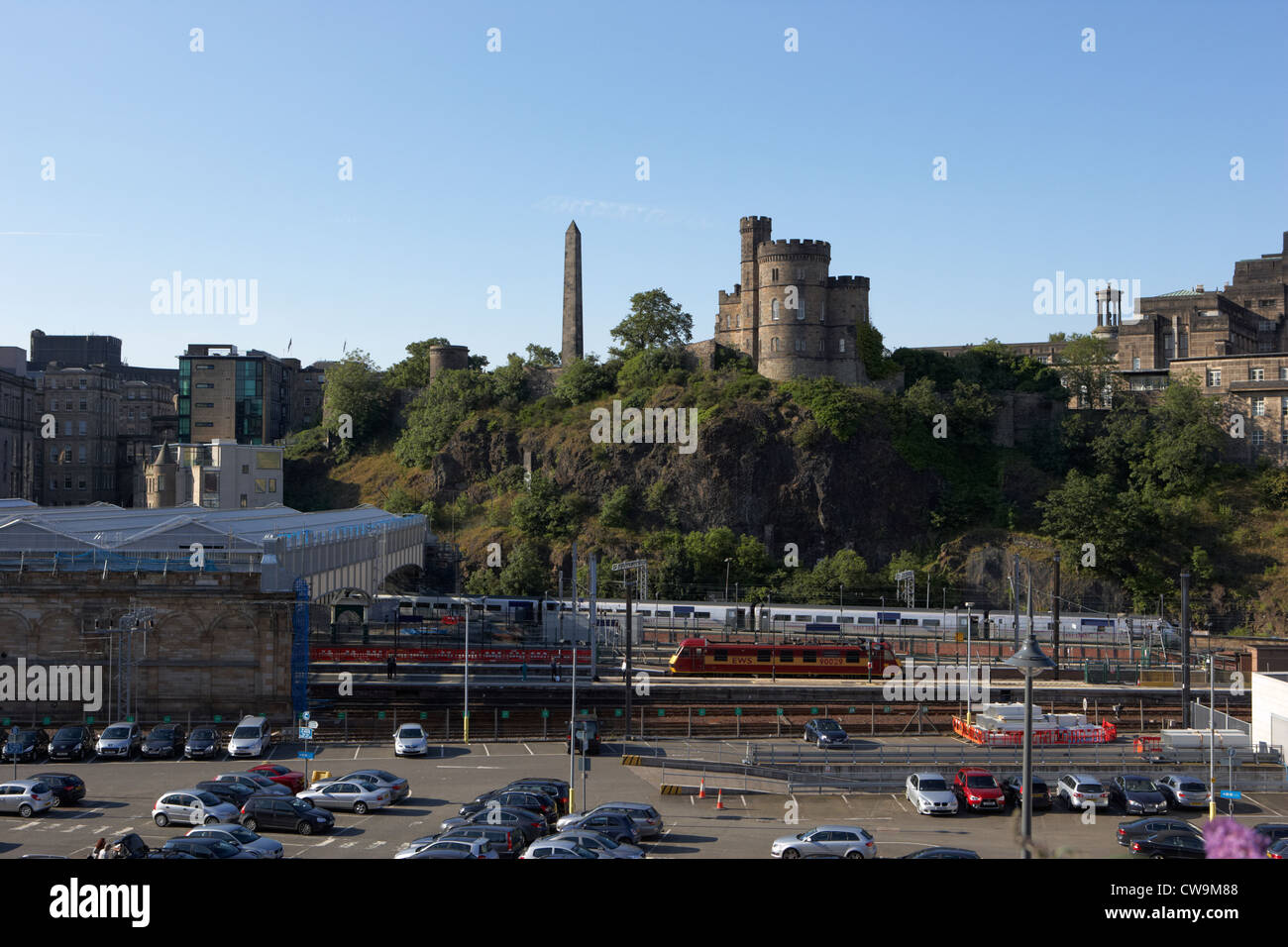 view over waverley station towards calton hill edinburgh scotland uk united kingdom Stock Photo