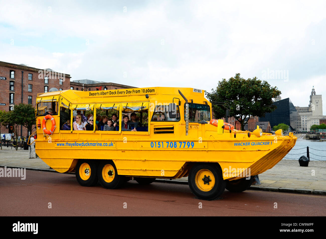 The " Yellow Duckmarine " a vehicle taking tourists for a sightseeing trip around the city of Liverpool in England, UK Stock Photo