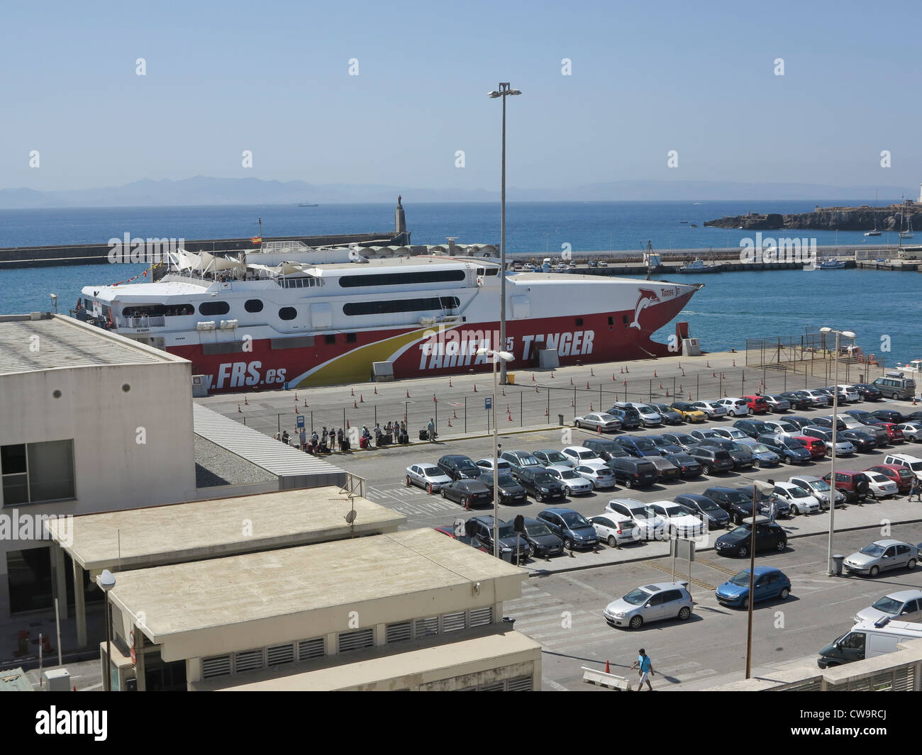 The ferry to Tangiers in Morocco at the harbour of Tarifa in Andalucia, Spain Stock Photo
