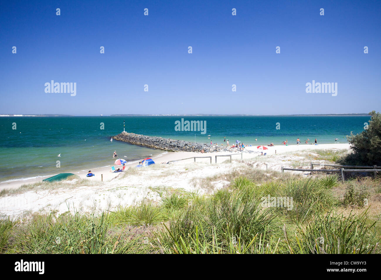 Sandy beach and Botany Bay, Brighton Le Sands, Sydney, NSW, Australia Stock Photo