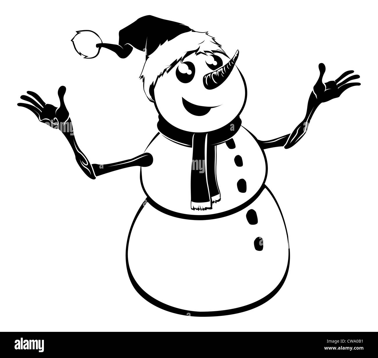 Black and white illustration of a Christmas snowman in Santa hat Stock Photo