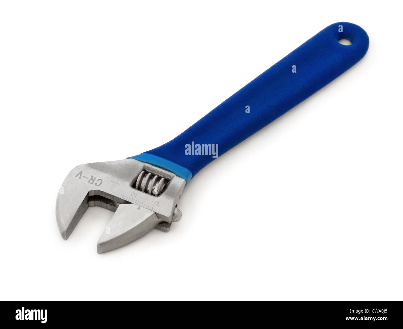 Adjustable wrench with blue handle isolated on white Stock Photo