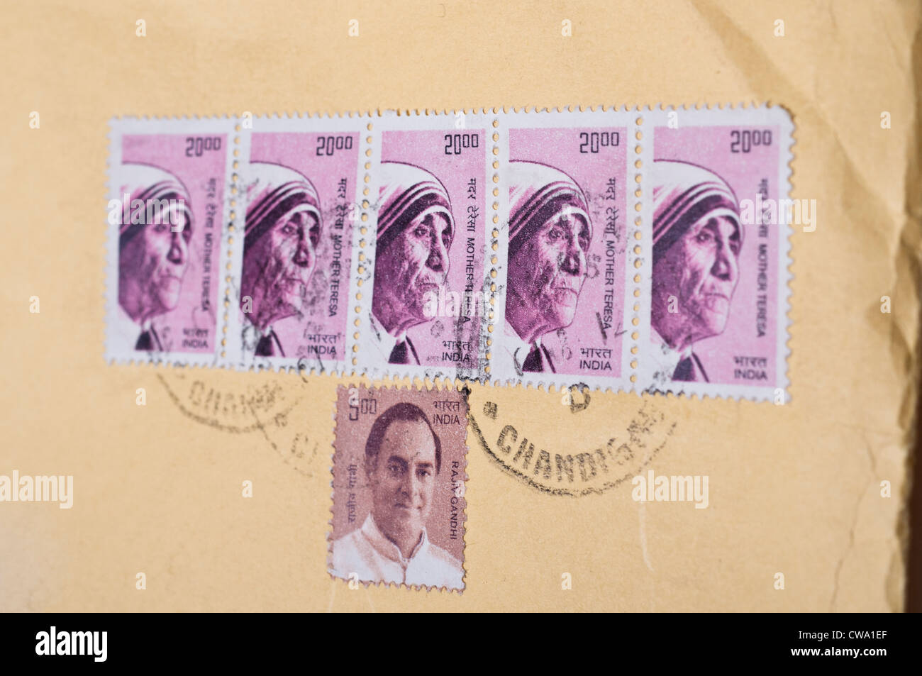 Indian stamps with pictures of Mother Teresa and Rajiv Gandhi on a letter with Chandigarh stamp Stock Photo