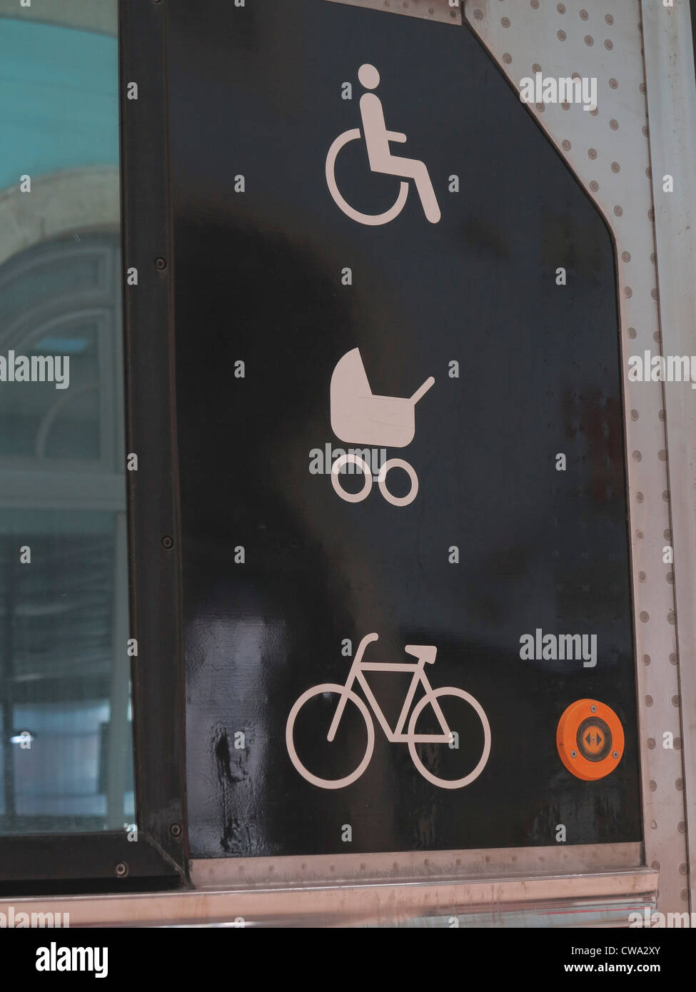 Signs for access for wheelchairs, prams and bikes at the main train station in Lisbon, Portugal Stock Photo