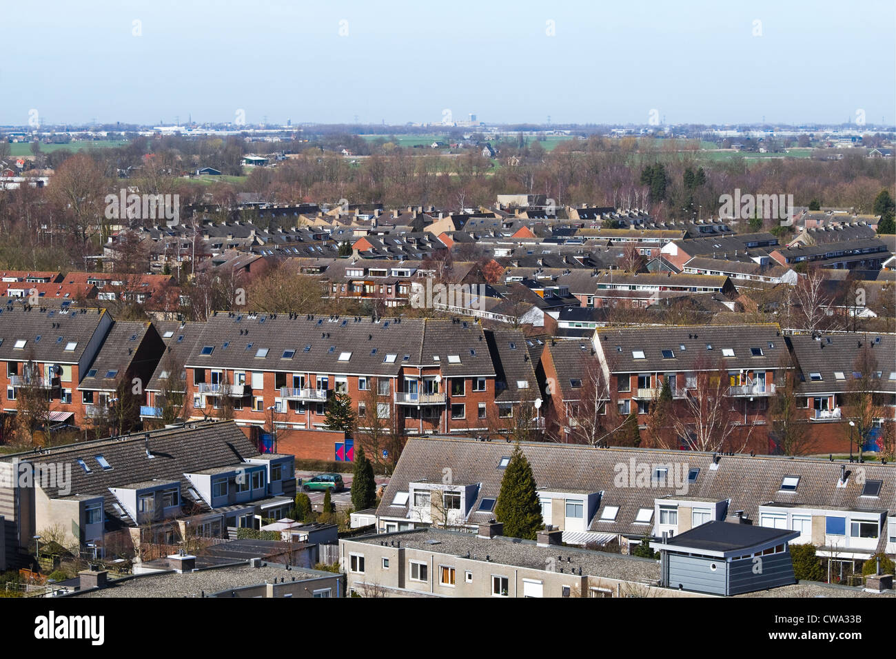 Suburb Vlaardingen, the Netherlands as seen from 10th floor of appartment building - View to Delft and the Hague Stock Photo