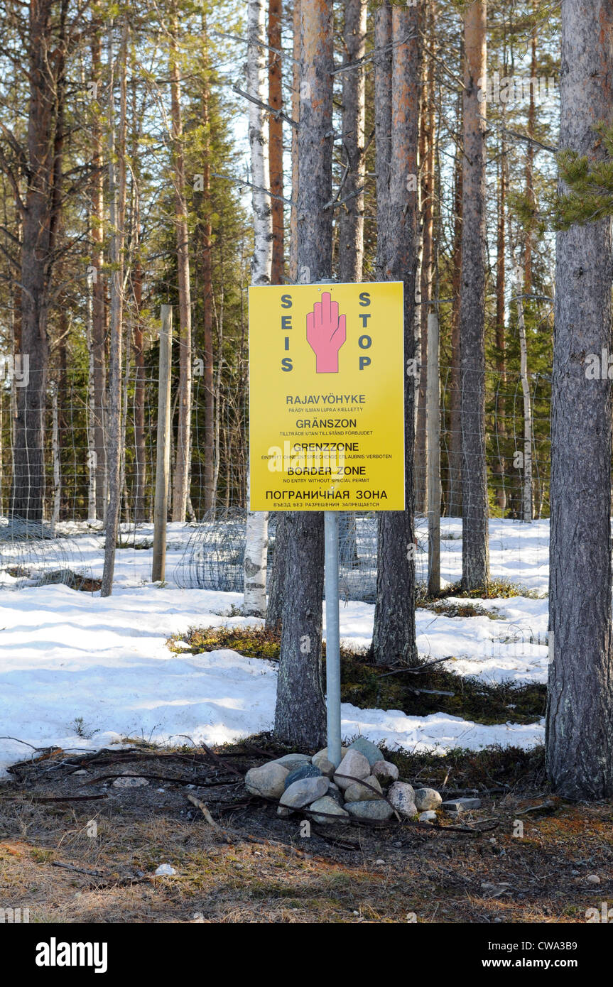 Boundary sign between the borders of Finland and Russia in Karelia Stock Photo