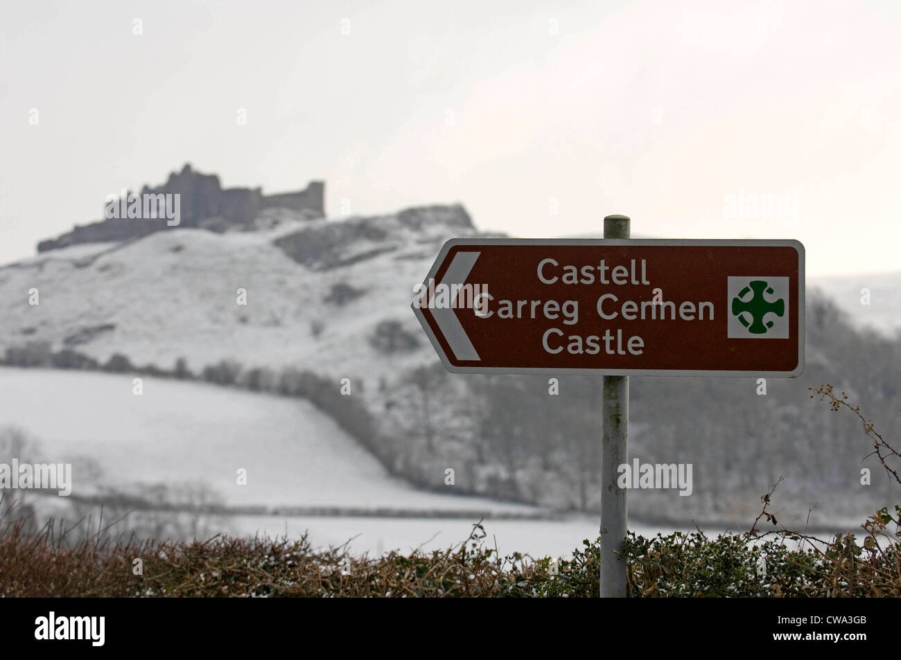 A blanket of snow covers the 13th century Carreg Cennen Castle near
