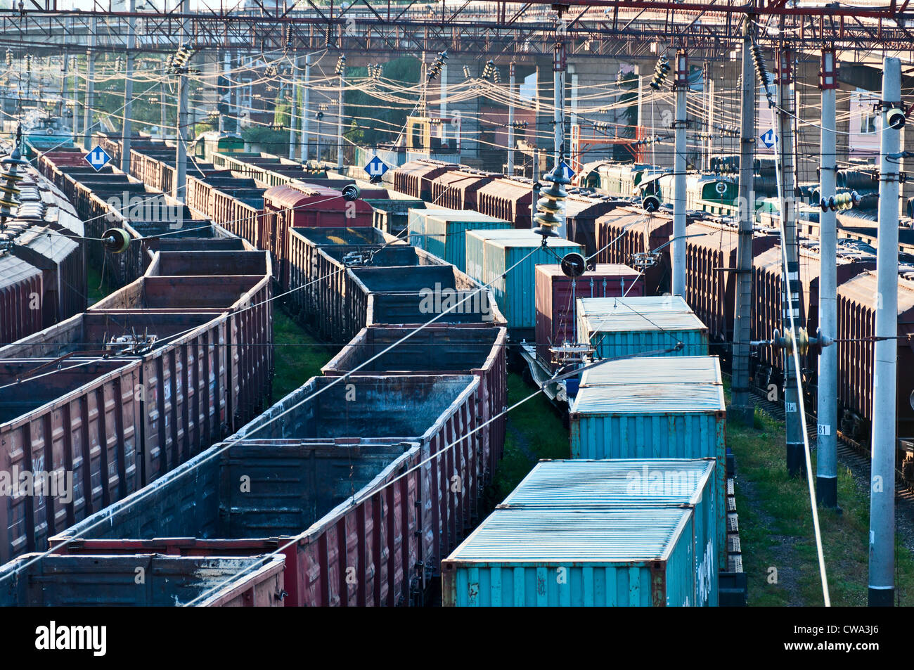 Trains of freight wagons in marshalling yard Stock Photo