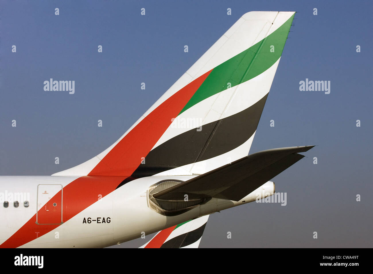 Dubai, Heckfluegel the airline Emirates at Dubai International Airport Stock Photo