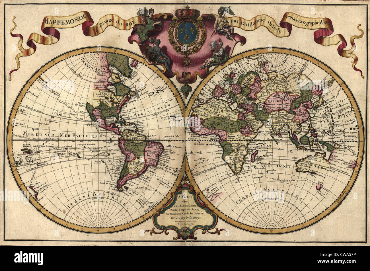 French world map shows nautical exploration routes and political boundaries. Map by Guillaume Delisle. 1720 Stock Photo