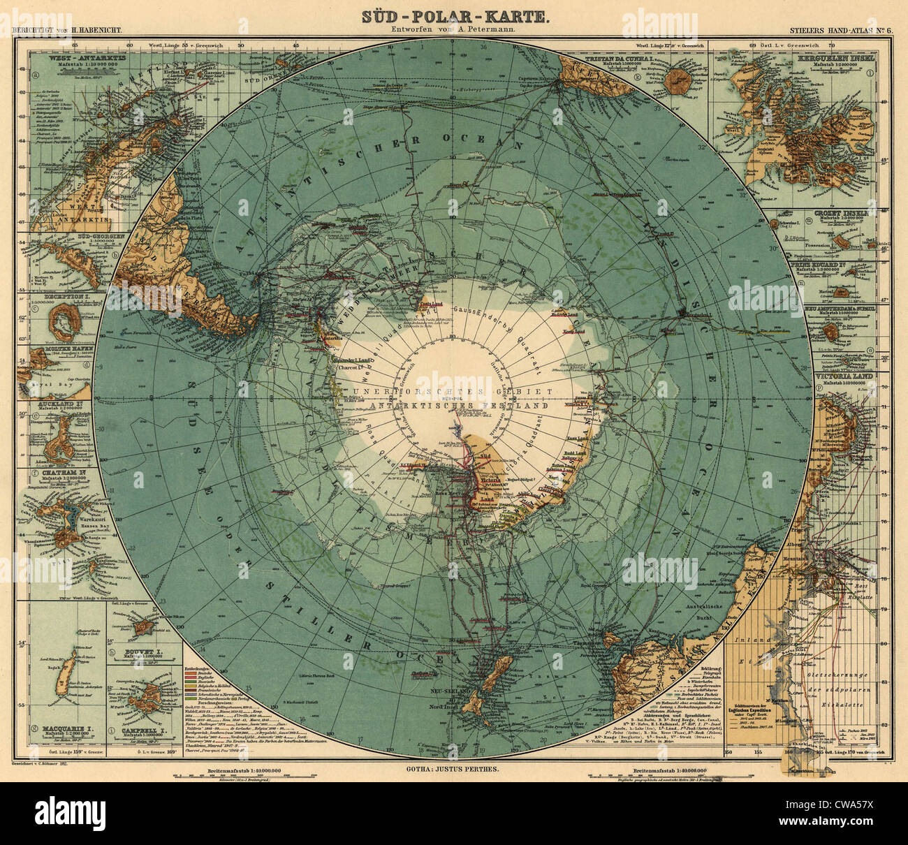 Map of Antarctica and surrounding ocean, and southern regions of South America and Africa. 1912 Stock Photo