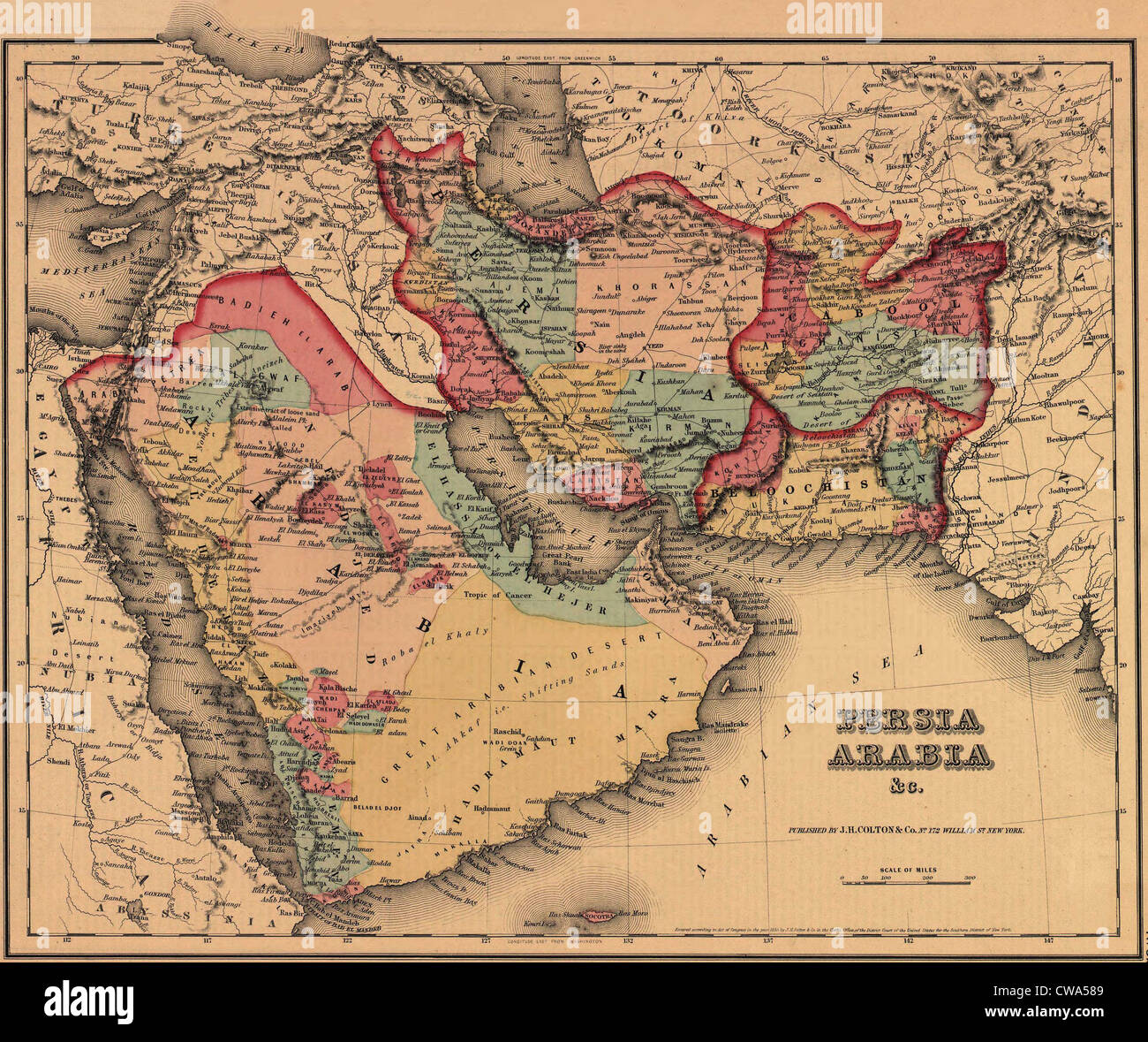 1855 map clearly shows the political and cultural geography of the Middle East. The Ottoman and Persian Empires boundary lies Stock Photo