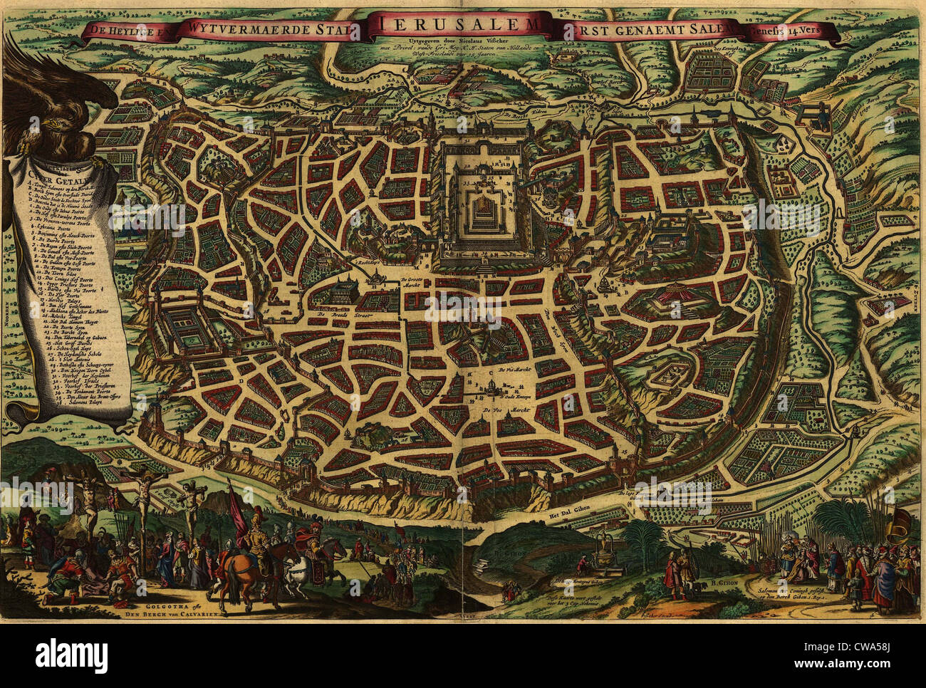 Imagined map from 1650, depicting Jerusalem as it existed in the Roman era. Lower section shows Christ's crucifixion and the Stock Photo