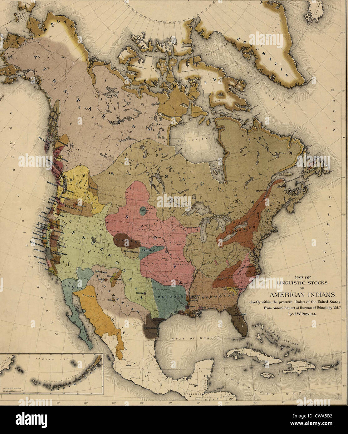 Map of linguistic stocks of American Indians by John Wesley Powell. Stock Photo