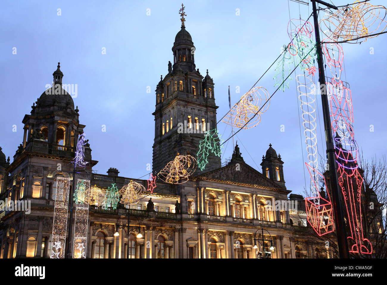 City Chambers on Square with Christmas lights in Glasgow city