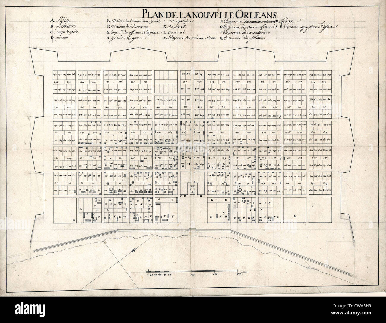 1722 plan of New Orleans, the Area that became the 'French Quarter.' Stock Photo