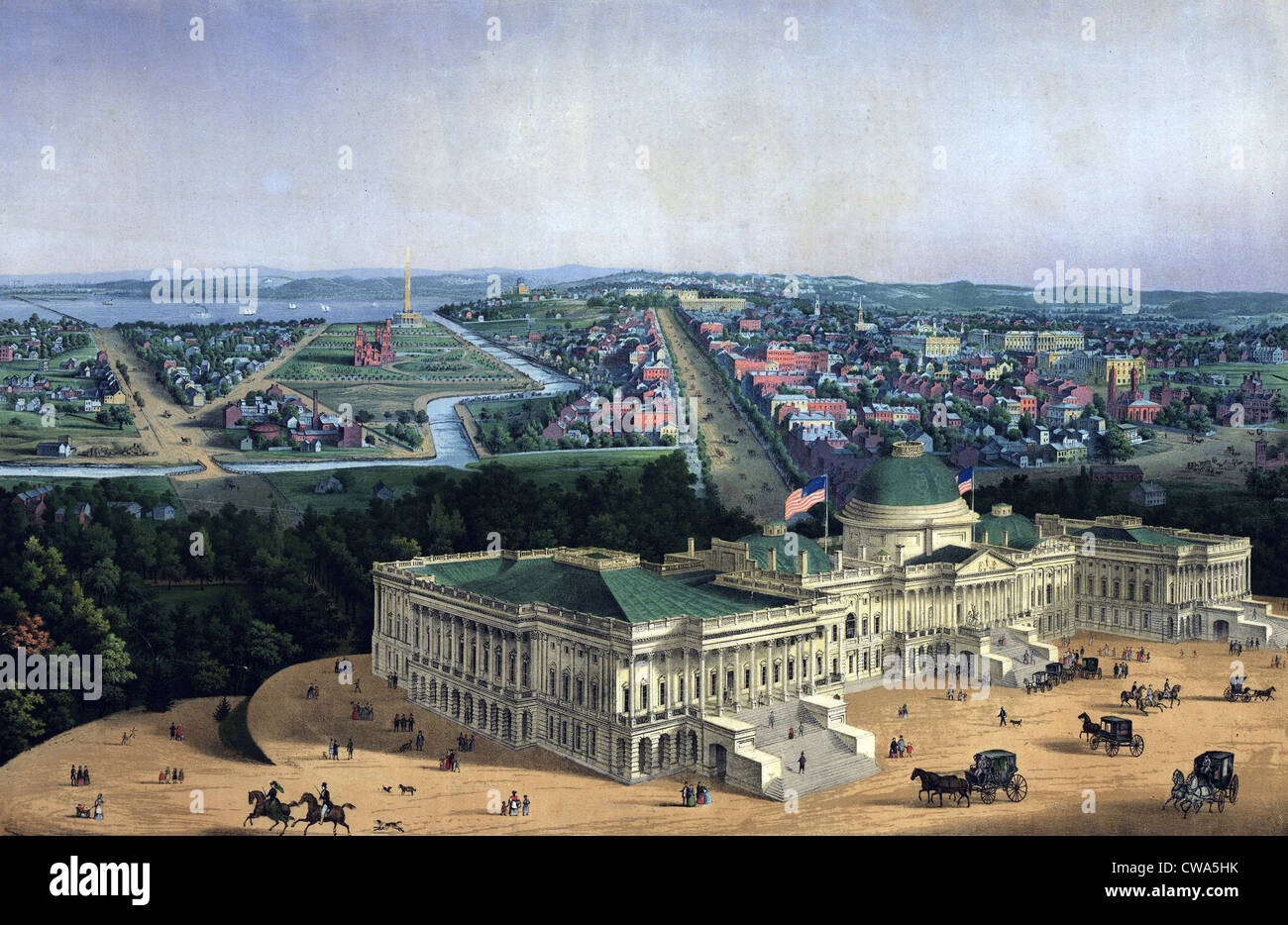 Washington D.C. and U.S. Capitol, looking west toward the Mall and Pennsylvania Avenue, 1856.  During this decade the Capitol Stock Photo
