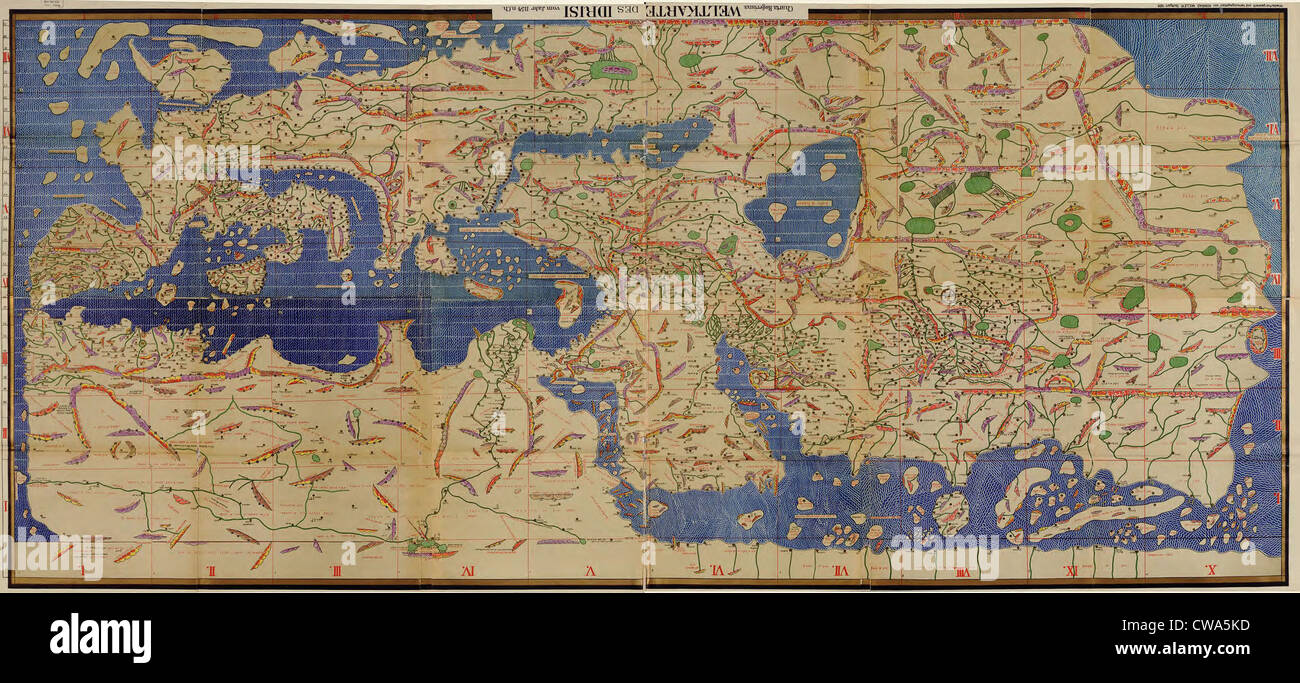 1154, Charta Rogeriana, an Arabian medieval world map by geographer al–Idrisi (1099-1166), integrates contemporary geographic Stock Photo