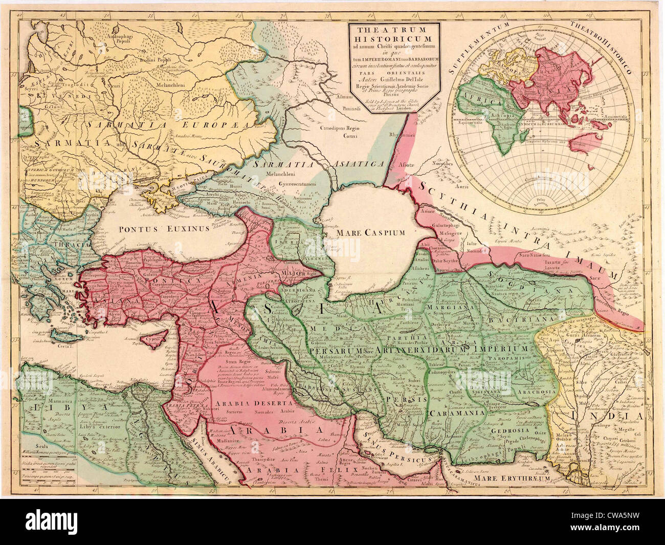 1712 French map of Southwest Asia and Southeast Europe recreating the geography of the late Roman Empire of 400 AD.  Map uses Stock Photo