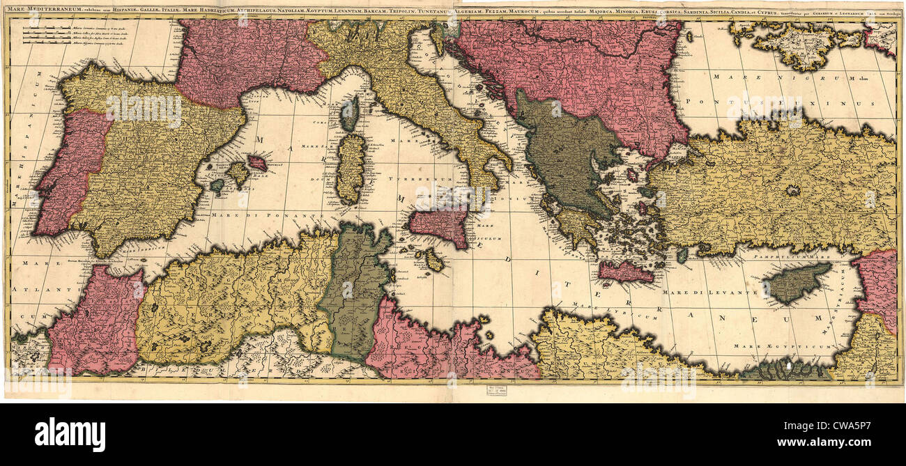 1695 map of the Mediterranean Sea and coastal lands. Stock Photo