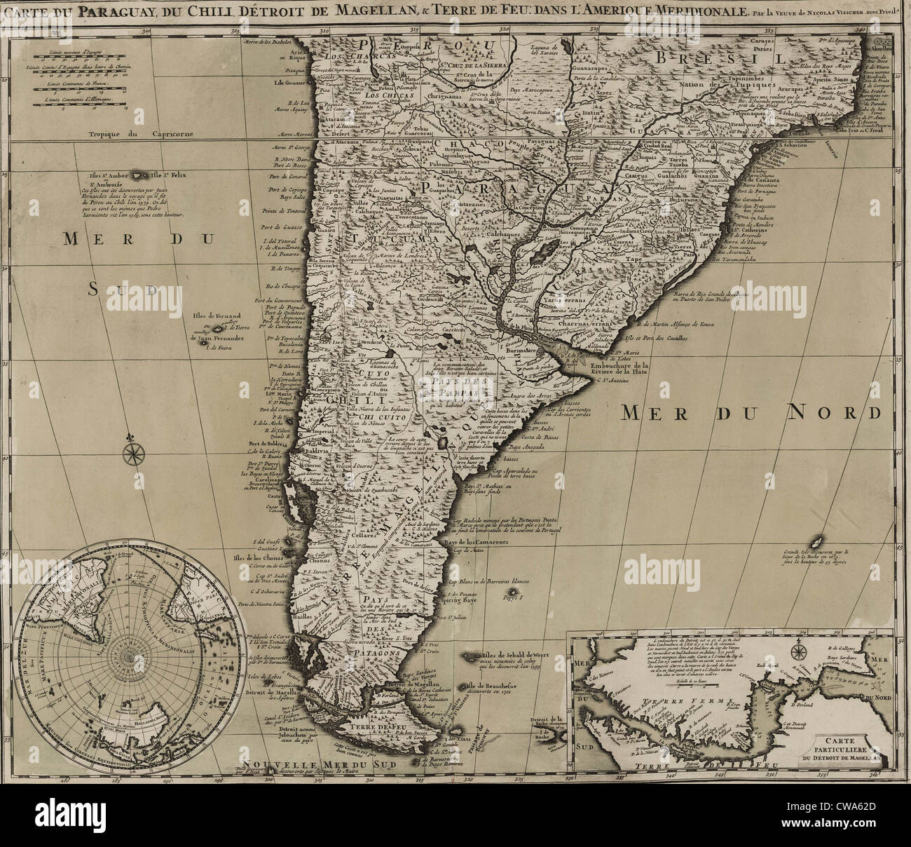 1745 map of northern South American continent, showing colonial place names for Brazil, Paraguay, Peru, Chile that would  be Stock Photo