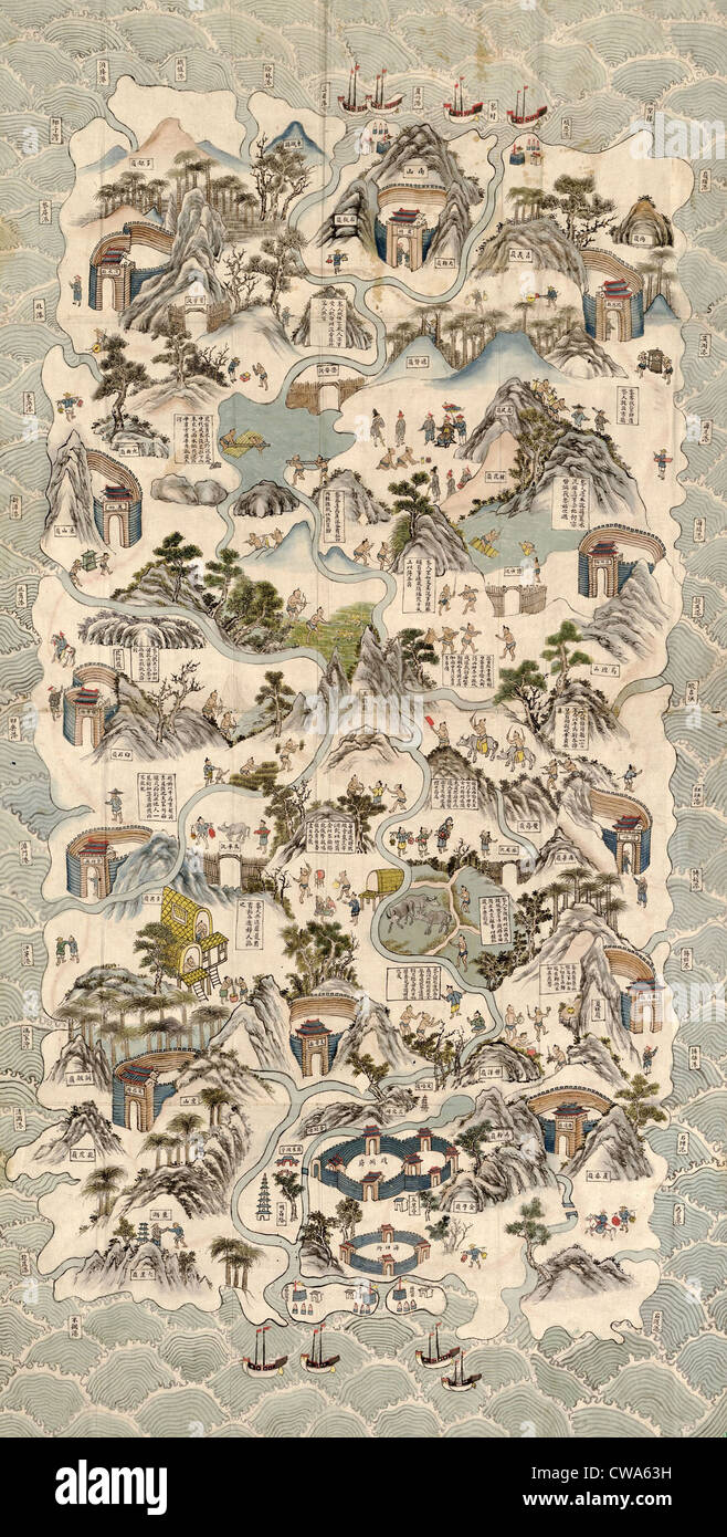 19th century Chinese pictorial map of the island of Hainan and shows the customs and habits of the Li tribes in the central Stock Photo