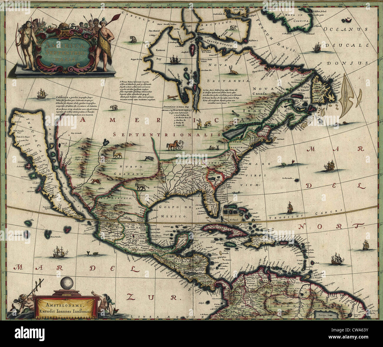 North American map created in 1652 showing California as an island.  Spanish possessions in Mexico, Central and South America Stock Photo